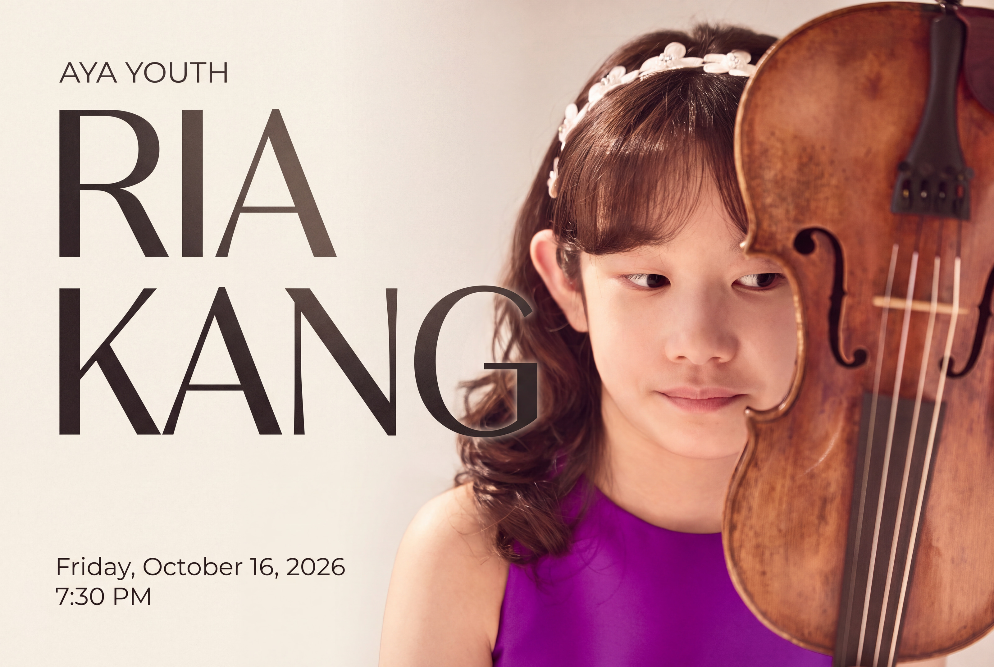 AYA Youth presents Ria Kang in Recital — Friday, October 16, 2026, 7:30 PM. Concert ticket cover.